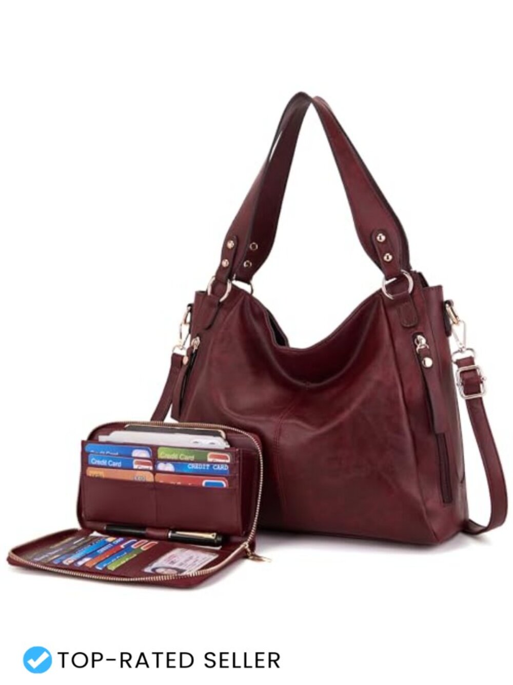 Women's Hobo Handbag and Wallet Set Faux Leather 2-Piece Tote Shoulder Bag